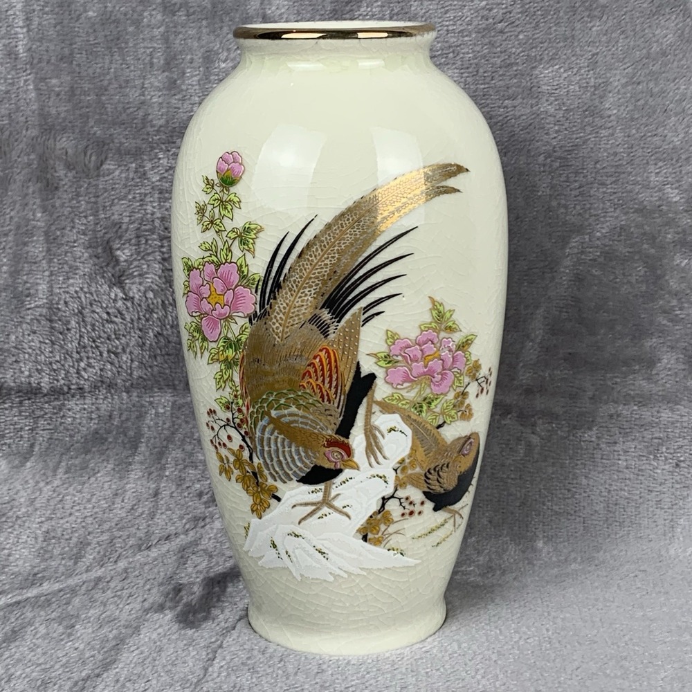 Vintage Vase Handpainted With Gold Leaf Pheasants Made In Japan Crazing
